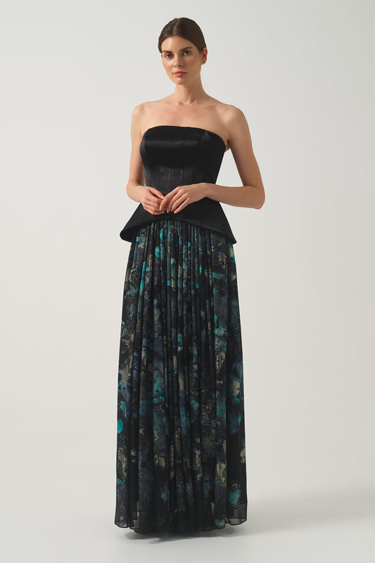 Corset Bodice Printed Pleated Long  Dress