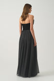 Polka-Dot Long Dress with Diagonal Pleated Corset Bodice