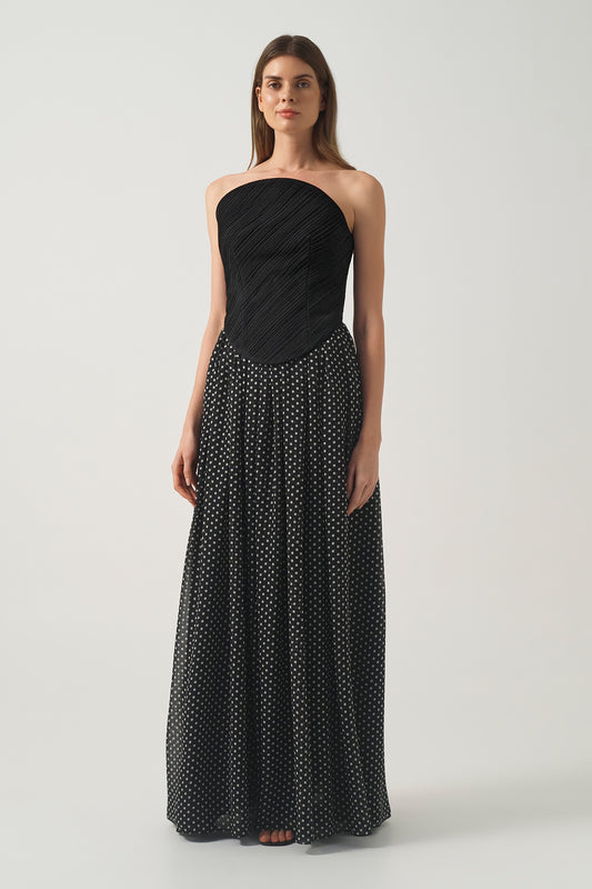 Polka-Dot Long Dress with Diagonal Pleated Corset Bodice