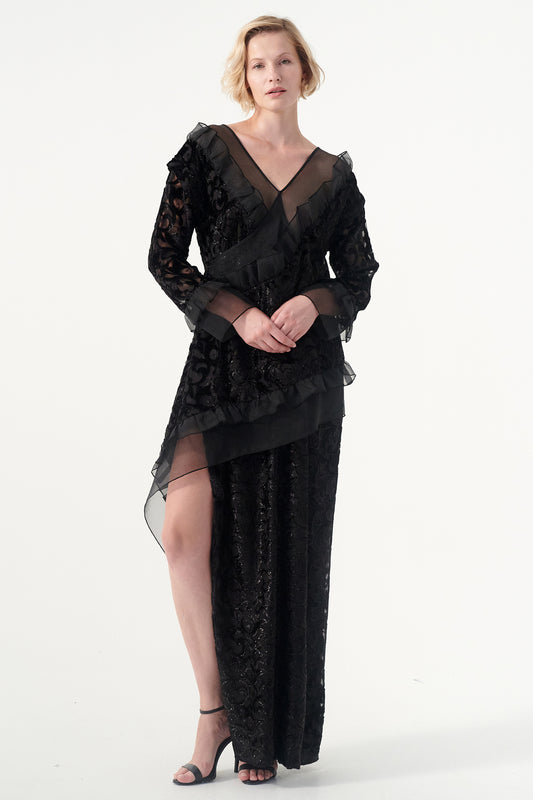 Organza layered  Ruffle detail A-line silhouette Full lining