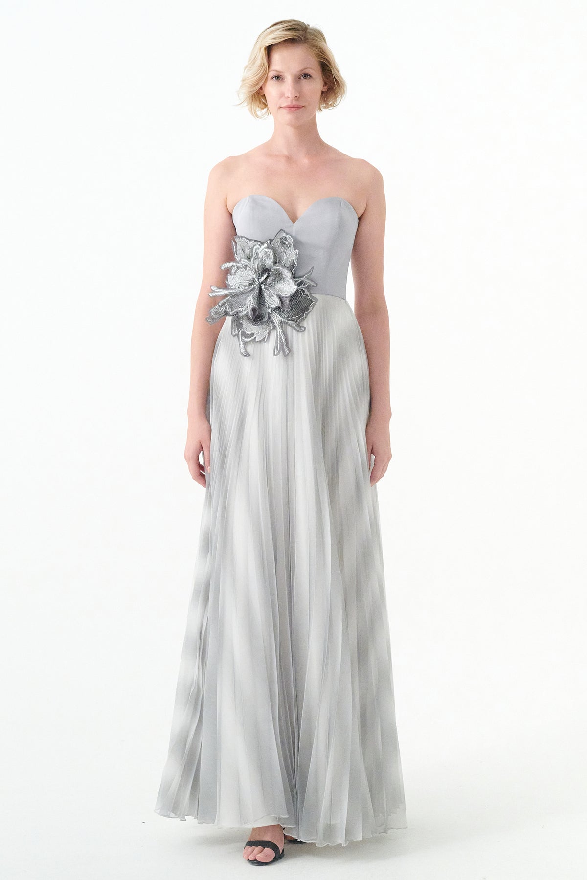 Pleated Chiffon And Faille Long Dress