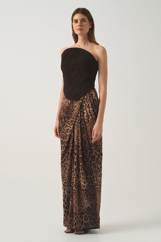 Pleated Corsage  Bodice and Draped Leopard-Print Skirt Long Dress