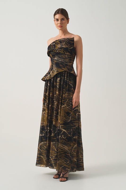Strapless Corset Dress with Draped  Bodice, Peplum Waist and Printed  Gathered Max Skirt