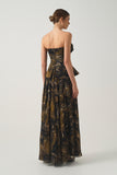 Strapless Corset Dress with Draped  Bodice, Peplum Waist and Printed  Gathered Max Skirt