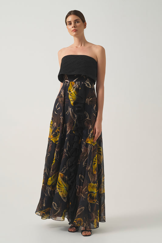Printed Long Dress with Pleated  Strapless Bodice and Ruffle Detail