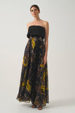 Printed Long Dress with Pleated  Strapless Bodice and Ruffle Detail