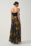 Printed Long Dress with Pleated  Strapless Bodice and Ruffle Detail