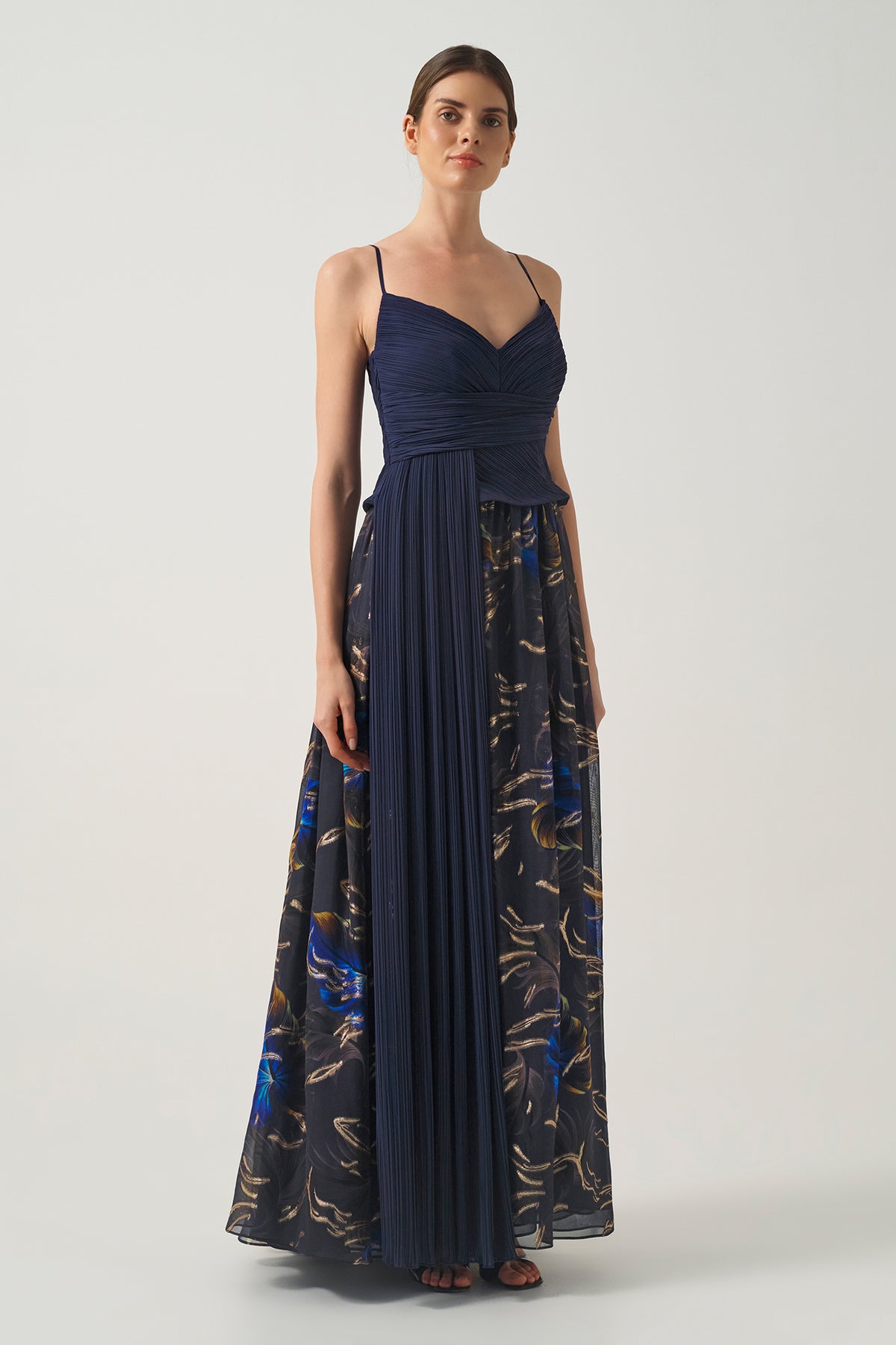 Long Dress with Pleated Bodice and  Printed Skirt