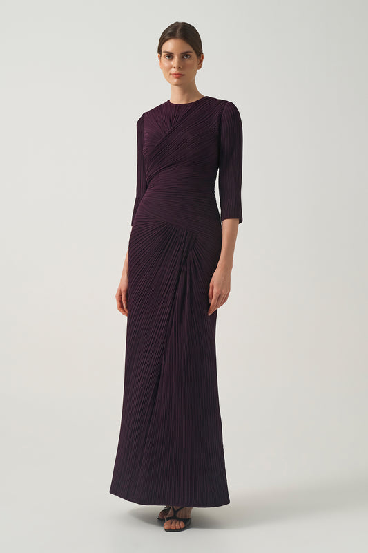 Cross-Pleated Long Dress with  Asymmetric Gathers