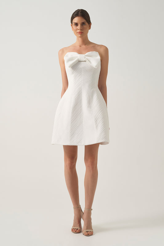 Strapless Mini Dress with Sculptural  Bow & Diagonal Pleats