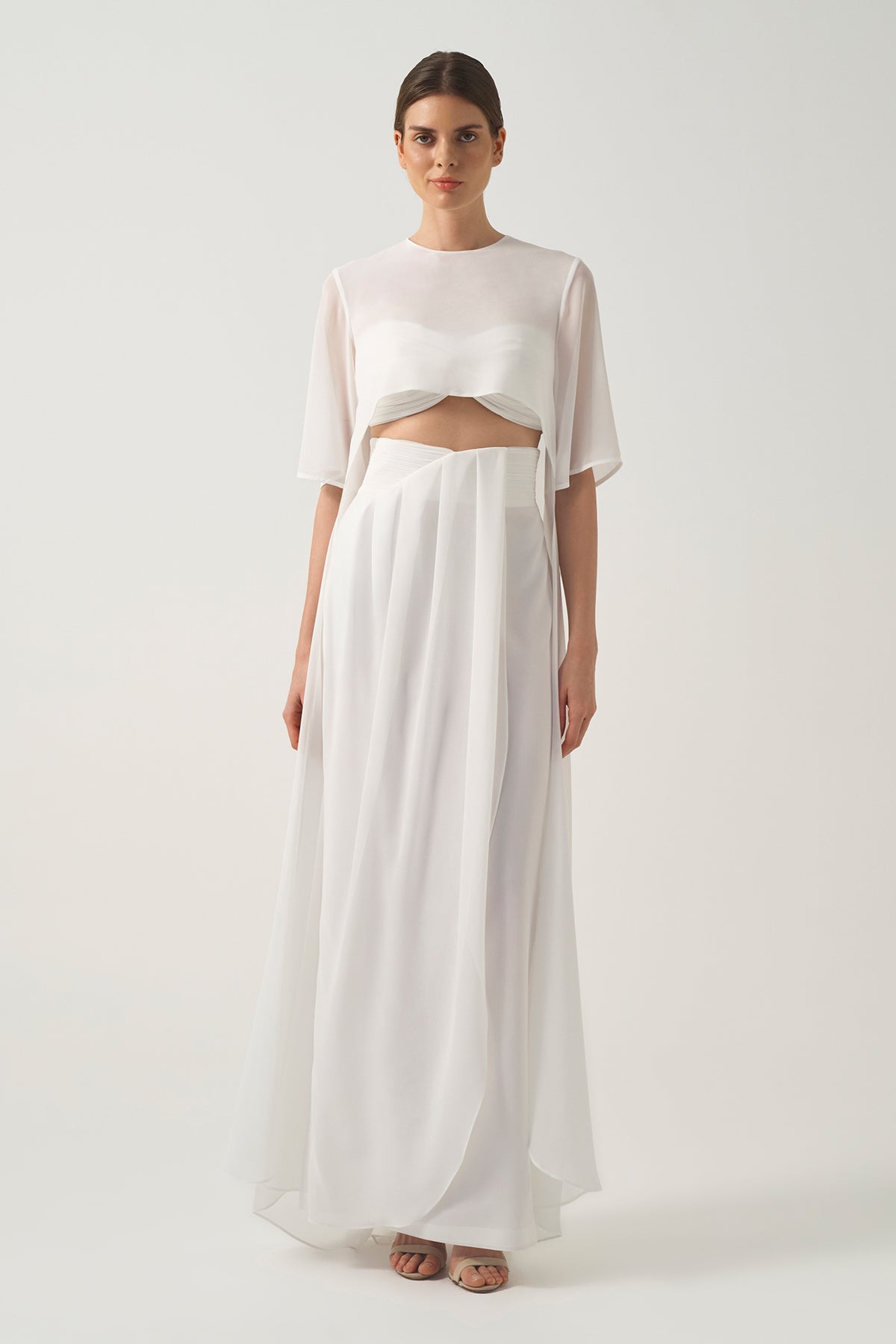 High-Low Chiffon Cape with Strapless Pleated Knot Top with High-Waisted Draped Maxi Skirt