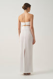 High-Low Chiffon Cape with Strapless Pleated Knot Top with High-Waisted Draped Maxi Skirt