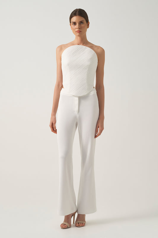Diagonal Pleated Strapless Corset Top with High-Waisted Subtle Flared Trousers