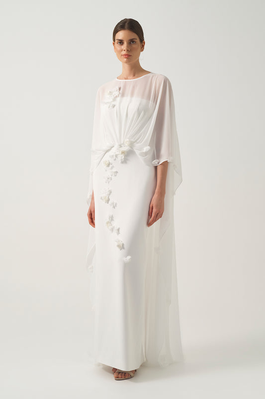 Chiffon Cape & 3D Floral Appliqué  Gown