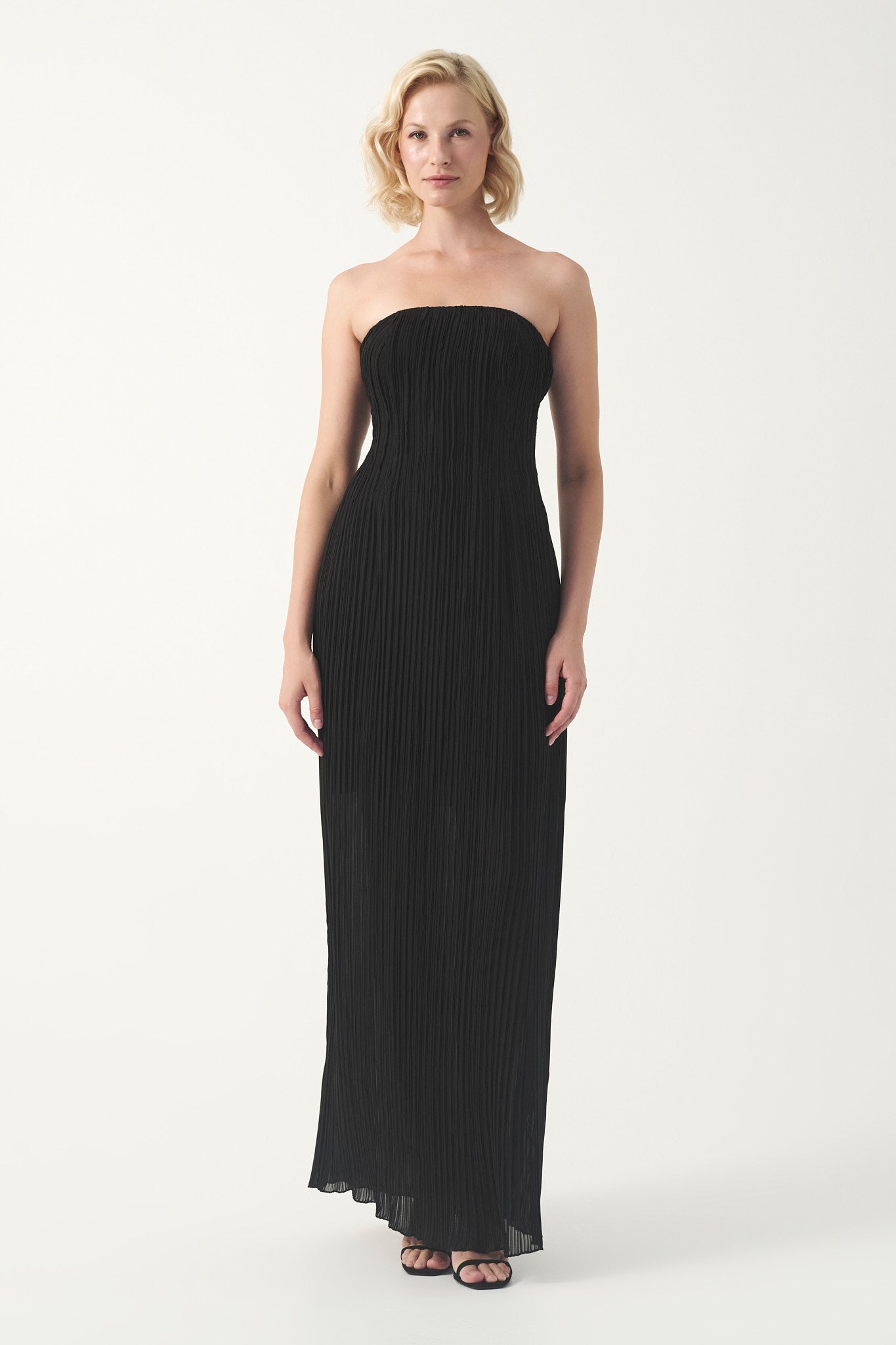 strapless pleated column dress Strapless Pleated Column Dress With Crystals Embroidery