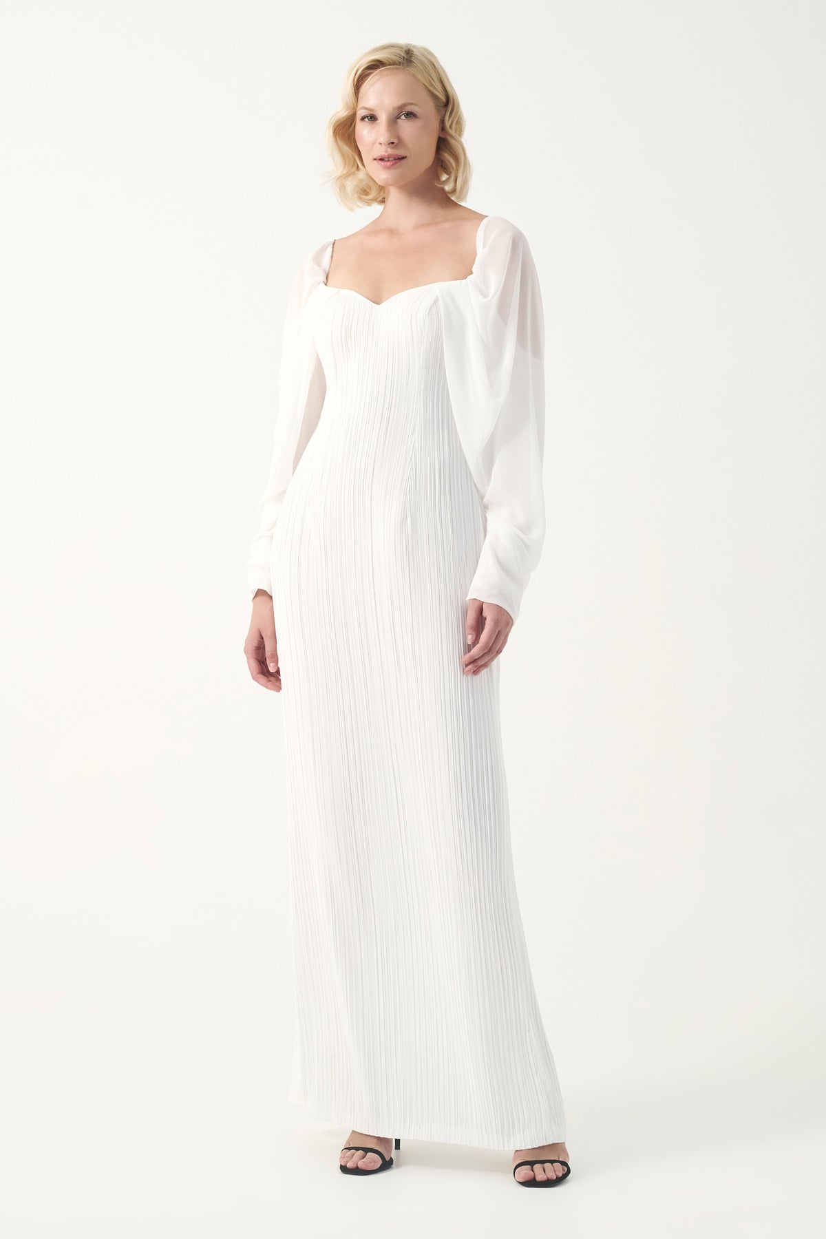 Pleated Gown with Draped Sleeves