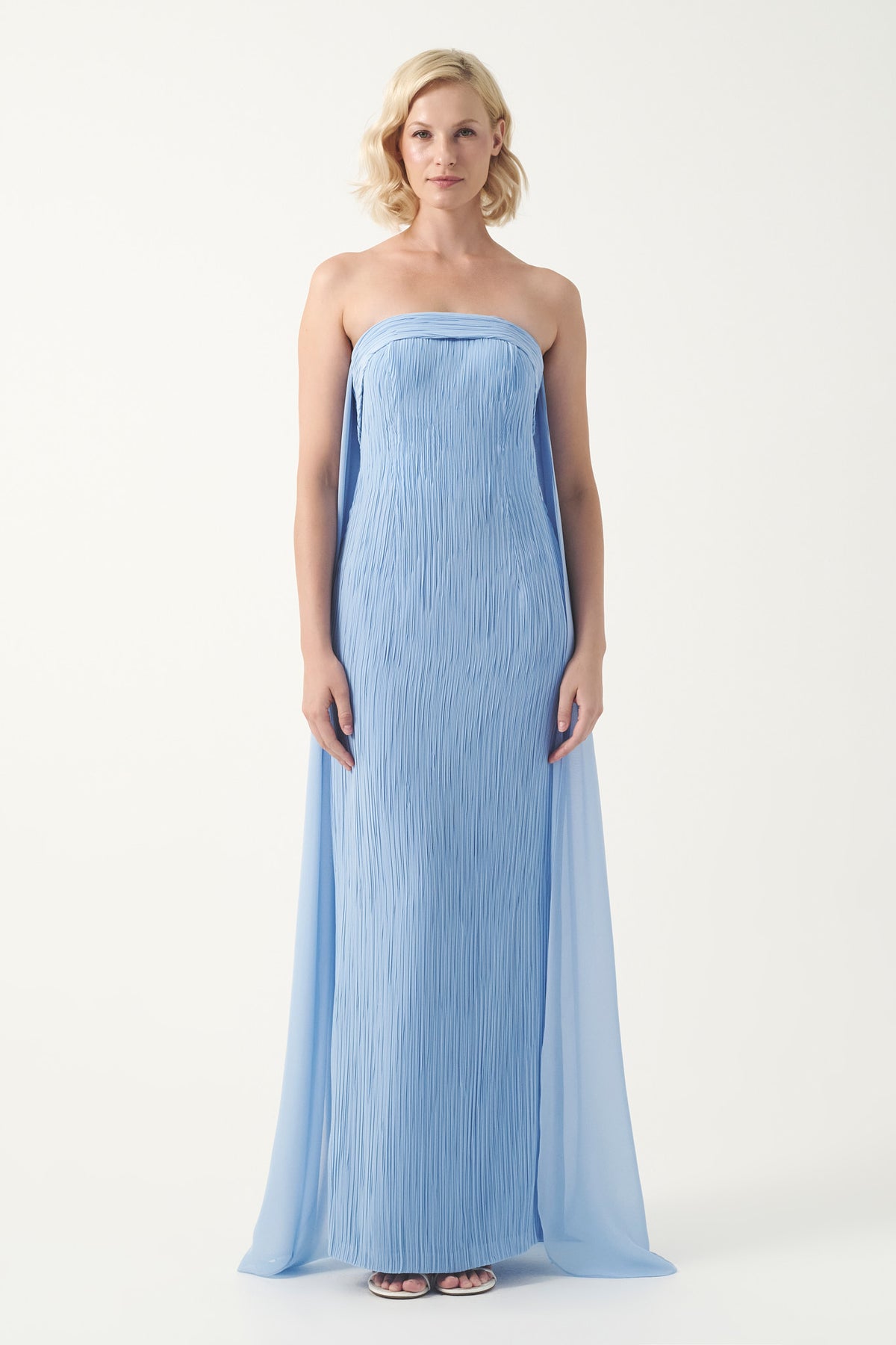 Folded neckline pleated strapless long dress