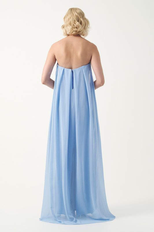Folded neckline pleated strapless long dress