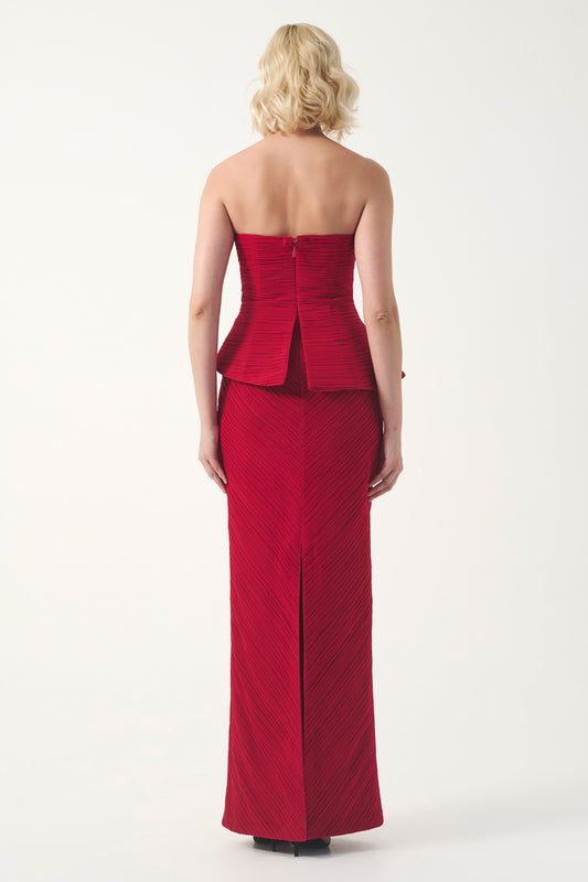 Peplum detail strapless long pleated chiffon dress