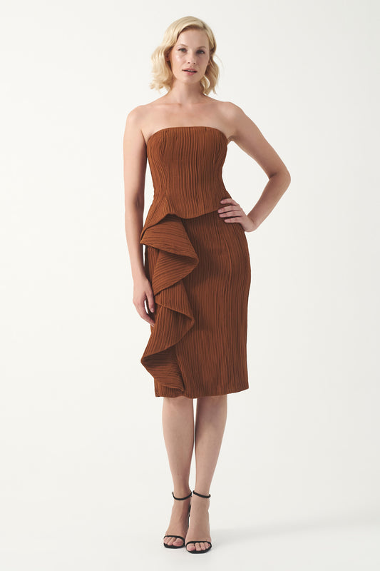 Pleated strapless midi length cocktail dress