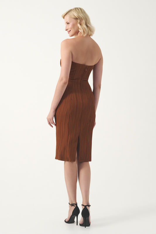 Pleated strapless midi length cocktail dress