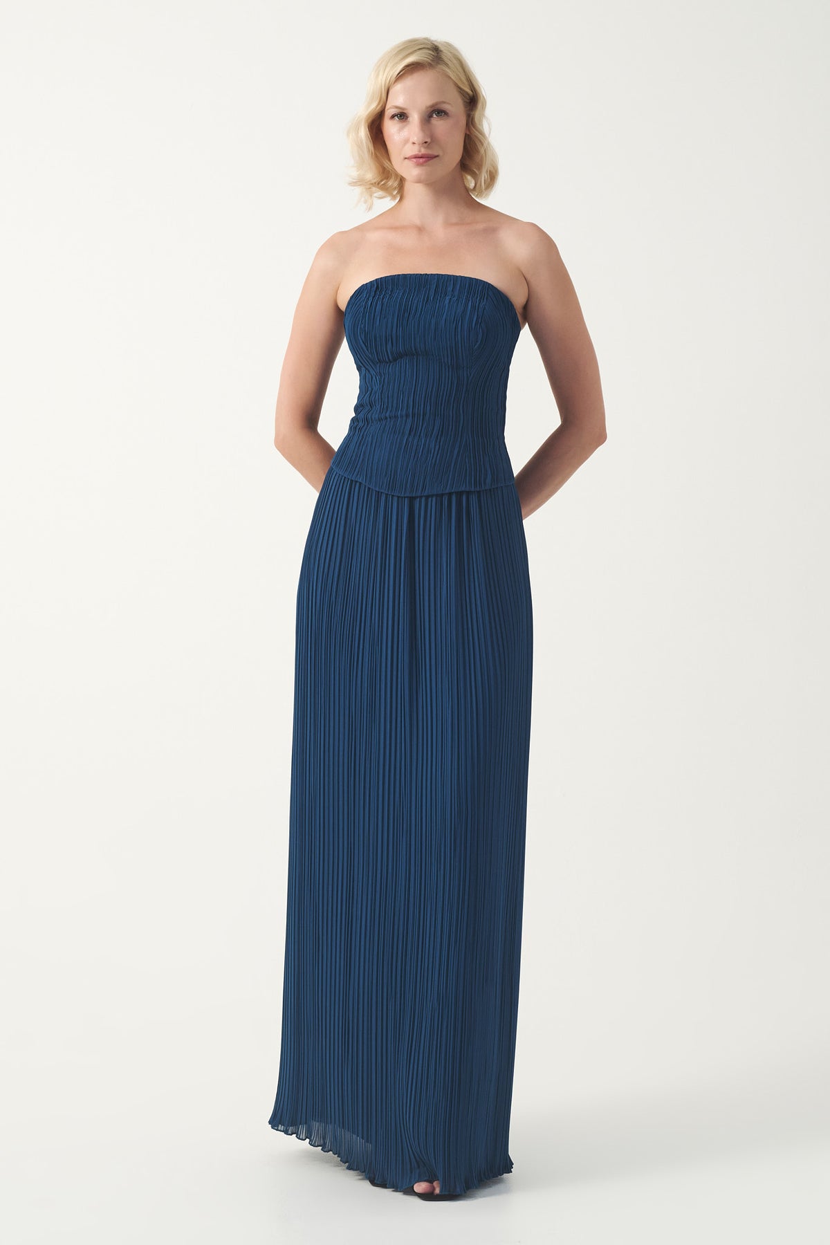 Pleated strapless column floor-length dress