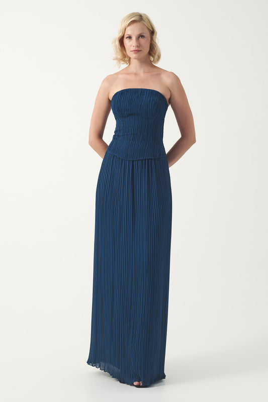 Pleated strapless column floor-length dress