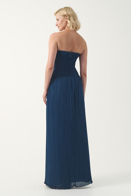 Pleated strapless column floor-length dress