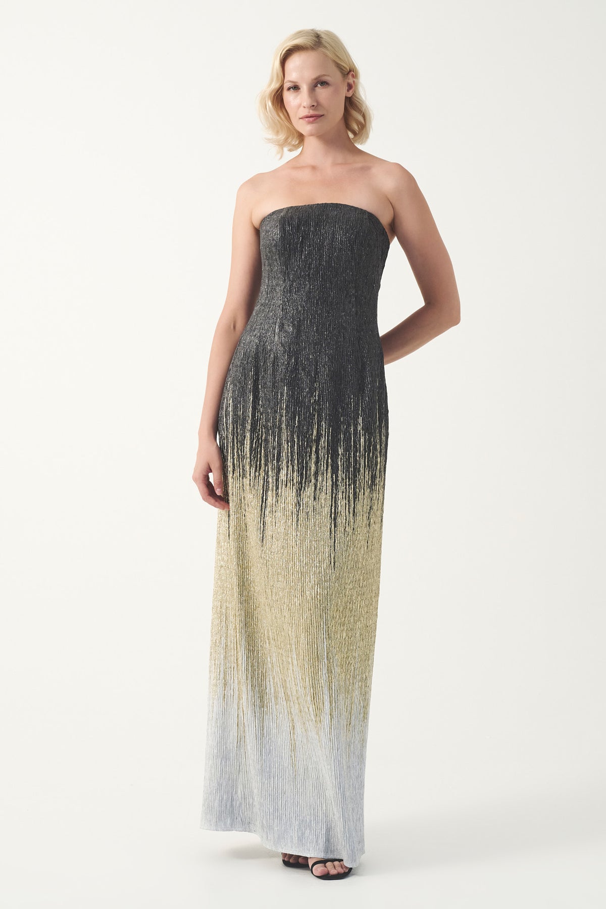 Strapless column long dress with pleated cape
