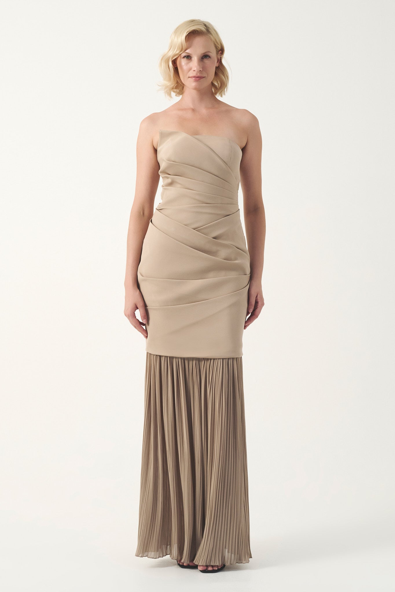 dress with draping pleats High-Neck Draped Pleated Dress With Asymmetric Ruched Long Drape S (EU 34)