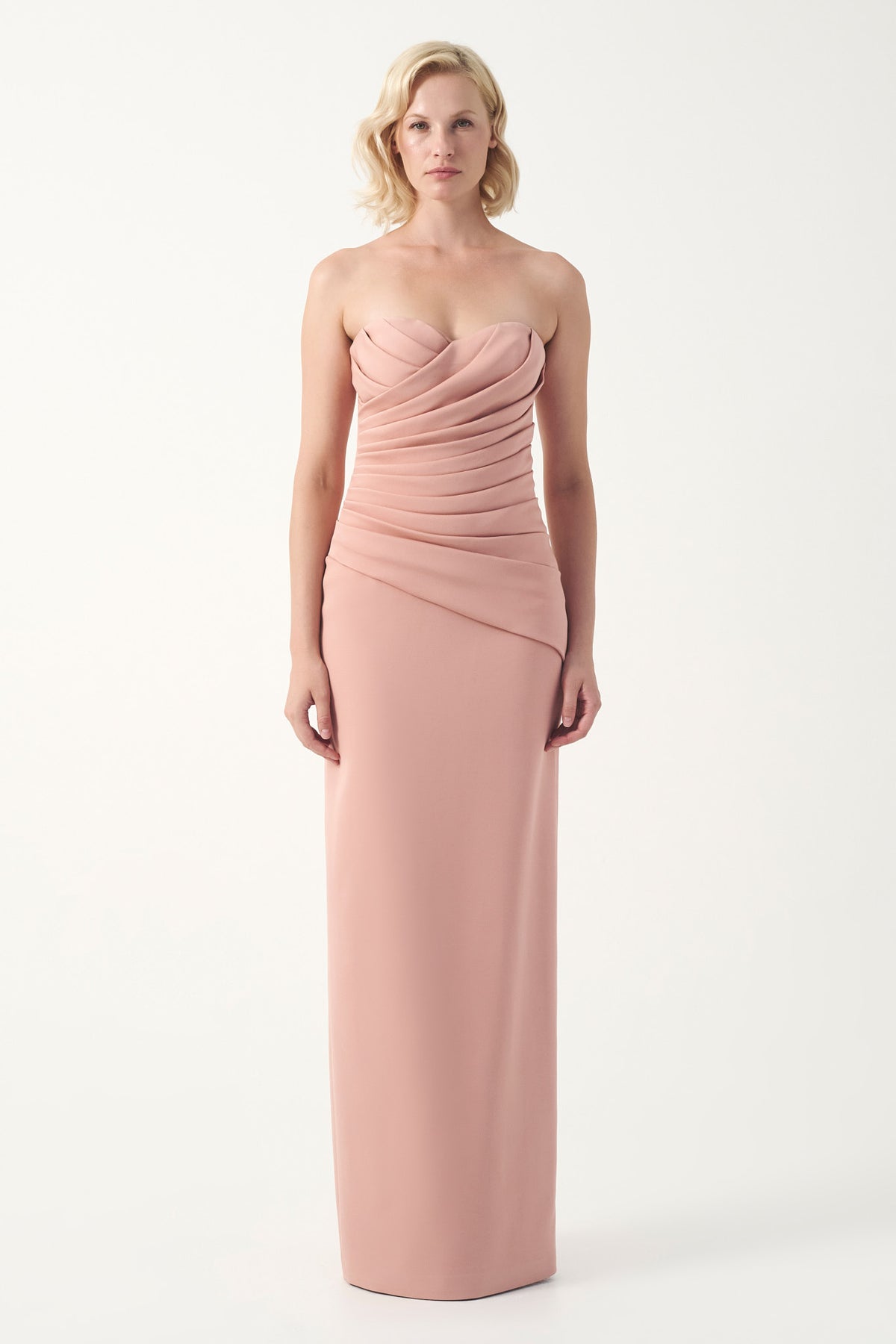Strapless sweetheart necklace draped long gown