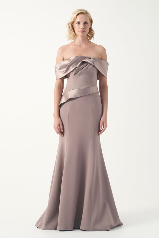Off-Shoulder Satin & Crepe Gown