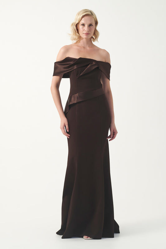 Off-Shoulder Satin & Crepe Gown