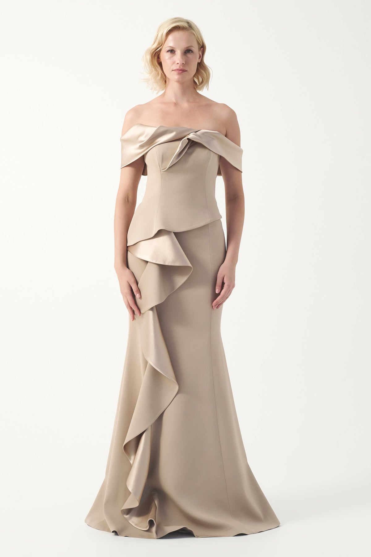Off-Shoulder Ruffle Draped Gown