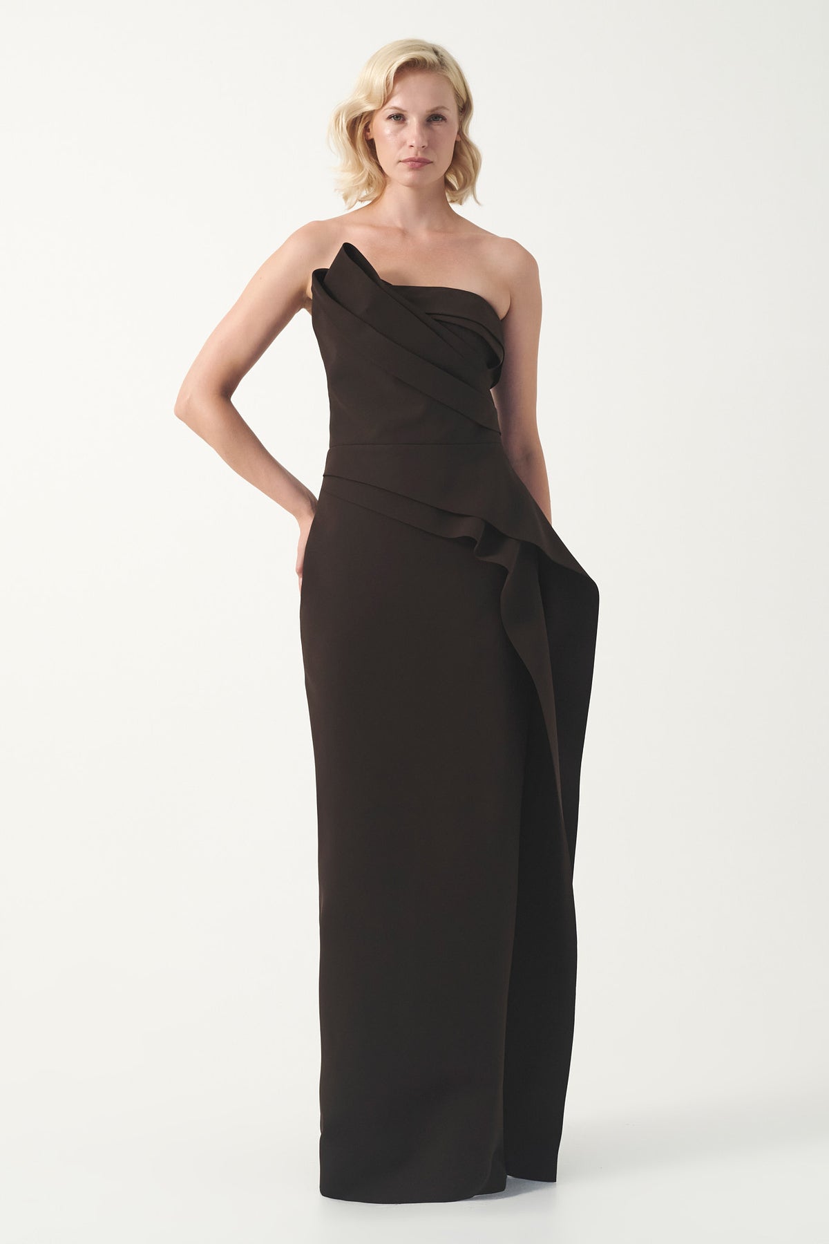 Strapless Draped Long  Dress with Sculptural Detail