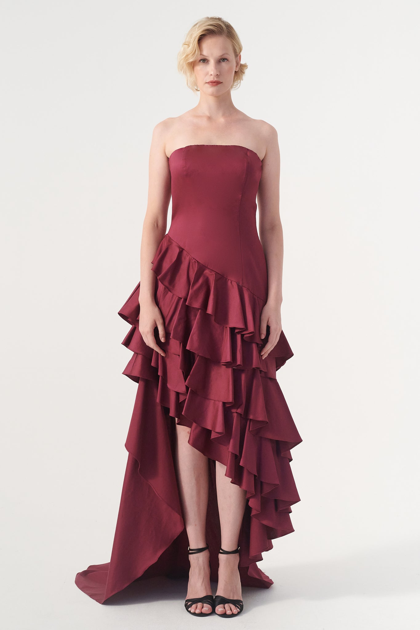strapless asymmetrical ruffled dress Wine Strapless Ruffled Asymmetrical Prom Dress XF05765