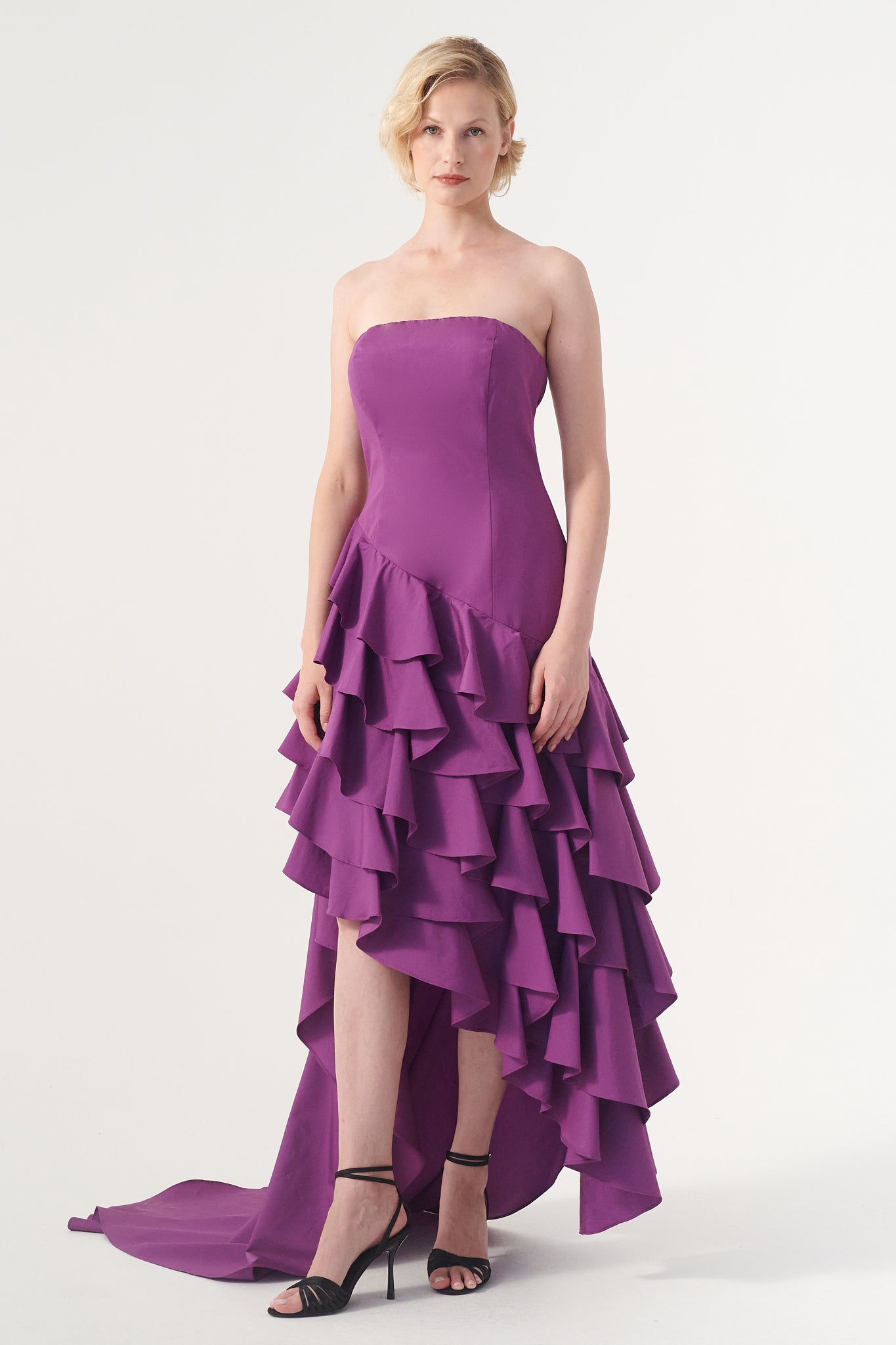 asymmetric ruffle dress Strapless Neckline Layered Ruffled Asymmetric Dress – John Paul Ataker