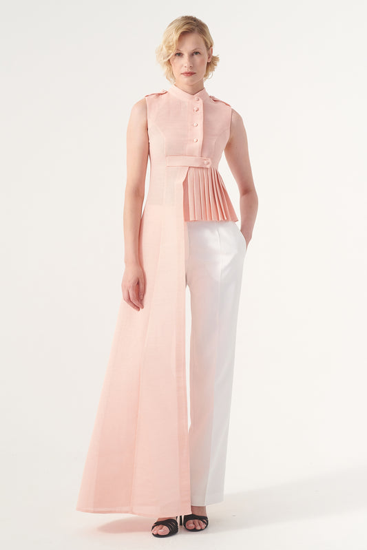 Sleeveless Asymmetri Pleated Cotton Twill Top