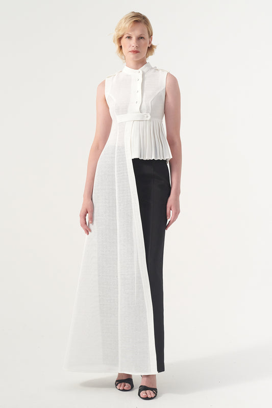 Sleeveless Asymmetri Pleated Cotton Twill Top