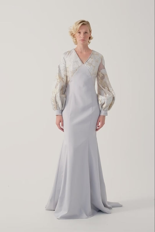 Jacquard Puff Sleeve Faille Mermaid Dress