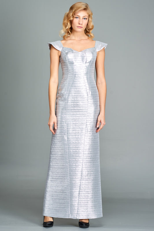 Long Pleated Metallic Satin Gown