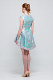 Round Neckline Cap Sleeves Mini Floral Jacquard Dress