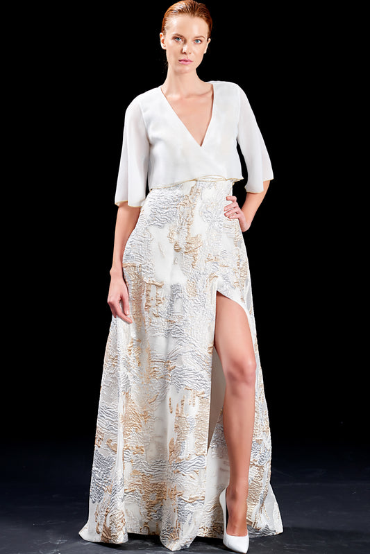 Organza and Metallic Burn-Out Organza Long Dress