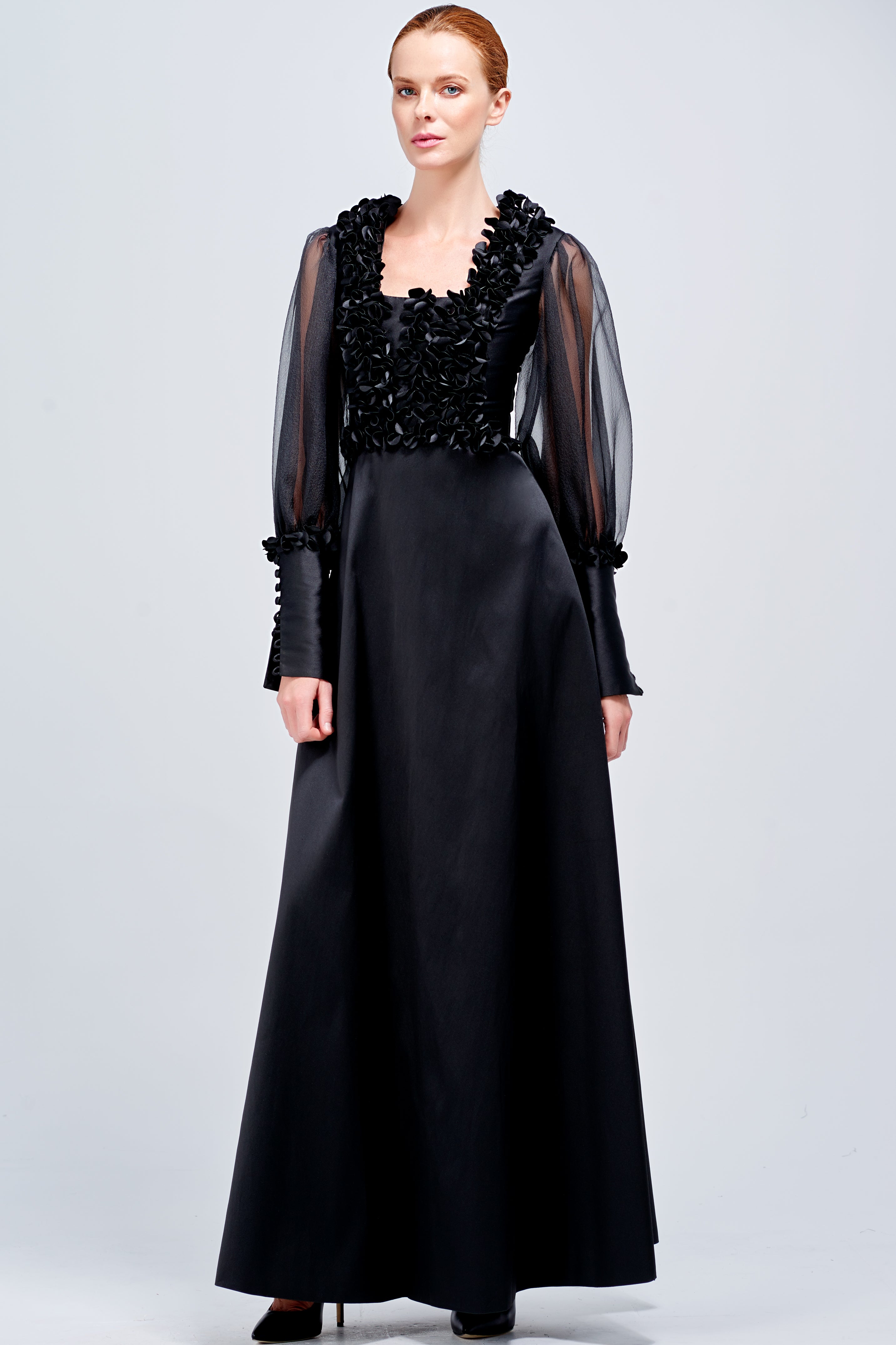 black organza sleeve dress Black Velvet Midi Dress Organza Sleeves