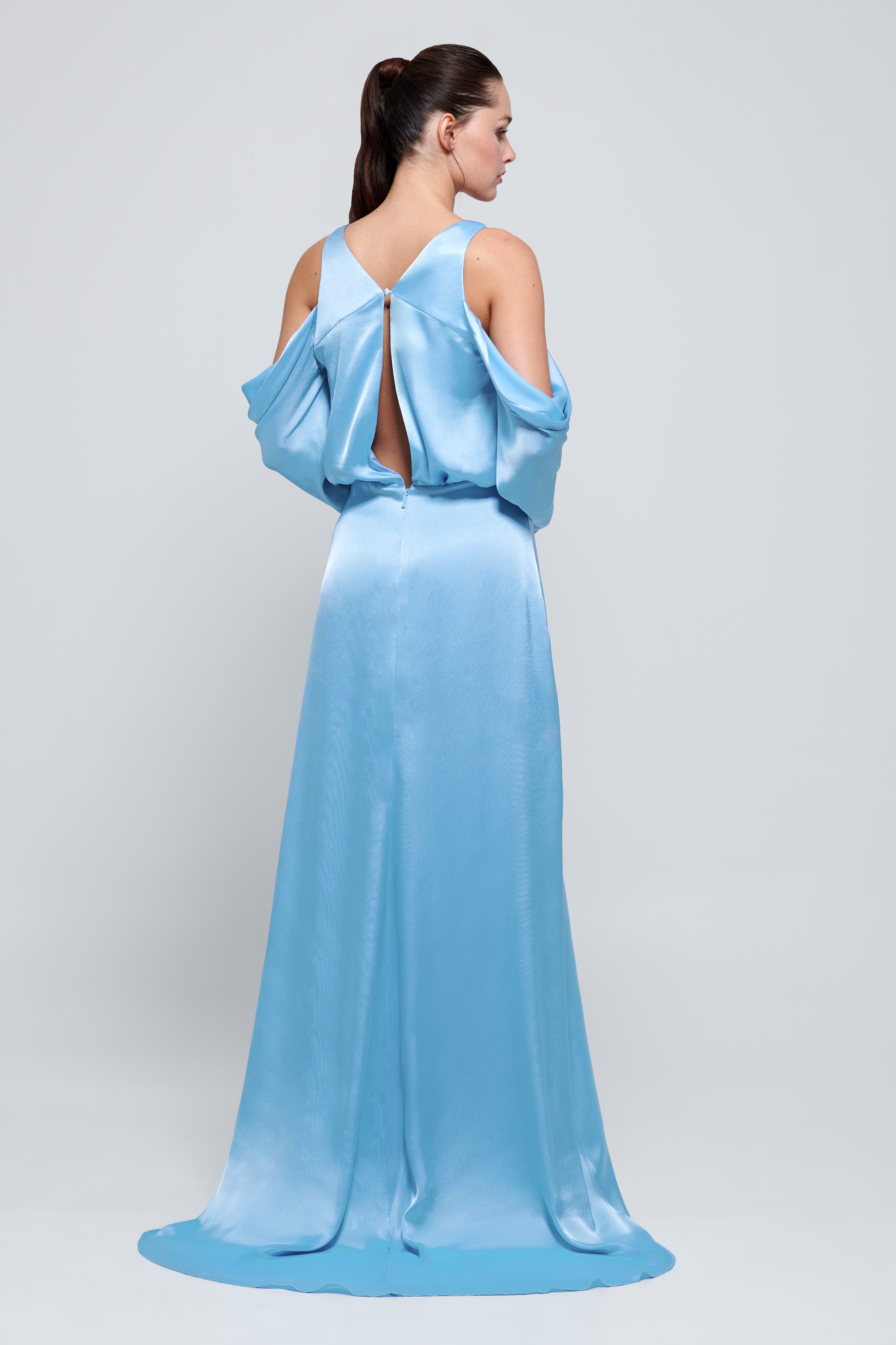 Cold Shoulder Neckline Silk Satin Dress