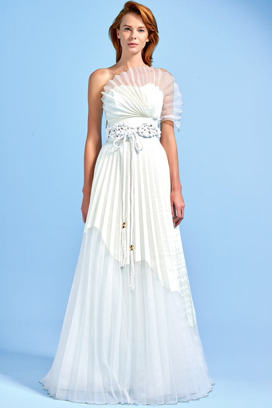 Organza and Taffeta Pleated Long Dress