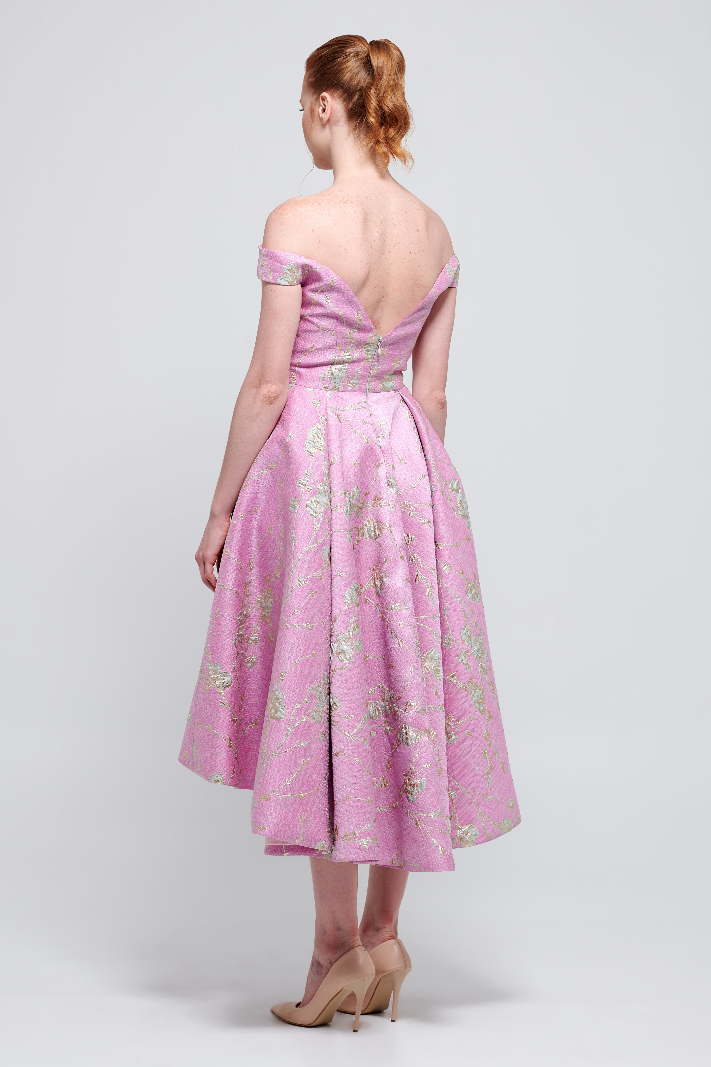 Off-The-Shoulder Metallic Floral Jacquard Dress