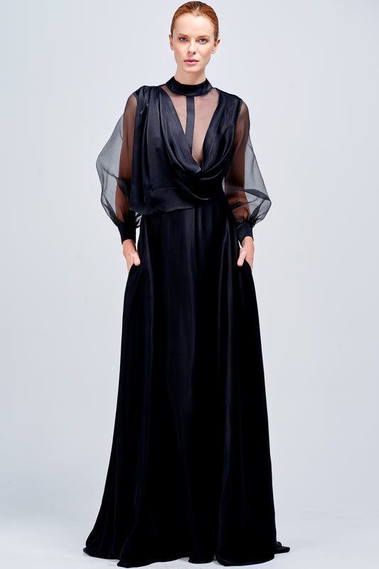Organza and Viscose Satin Long Dress with Button-Up Detail