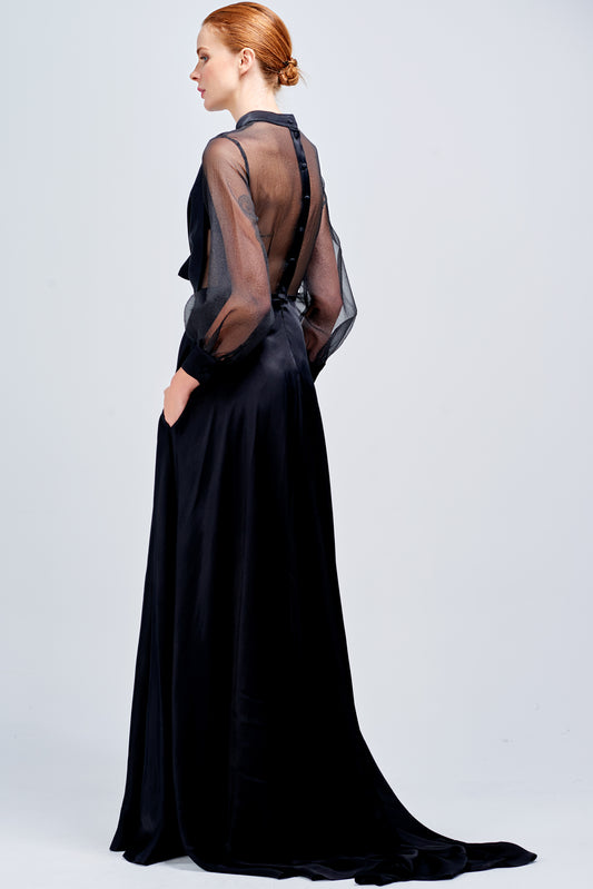 Organza and Viscose Satin Long Dress with Button-Up Detail