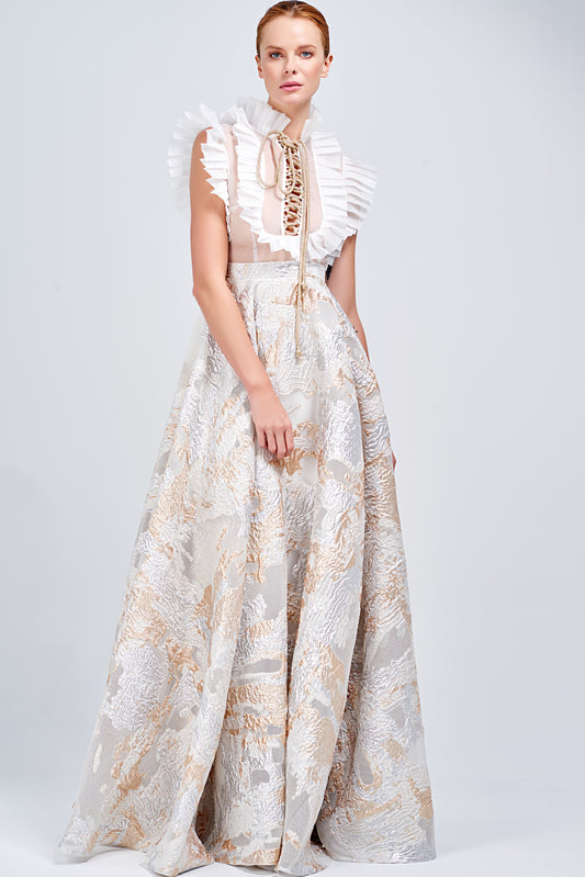 Organza Pleat Detailed Metallic Burn-Out Organza Long Dress